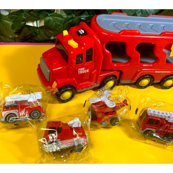 NEW 5 in 1 Toy Rescue Team Pull Back Fire Truck Lights + Music Helicopter Age 3+ - Picture 3 of 9